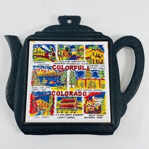Colorado Souvenir Tile Trivet Cast Iron Teapot VTG Hot Plate & Wall Decor Sanyo